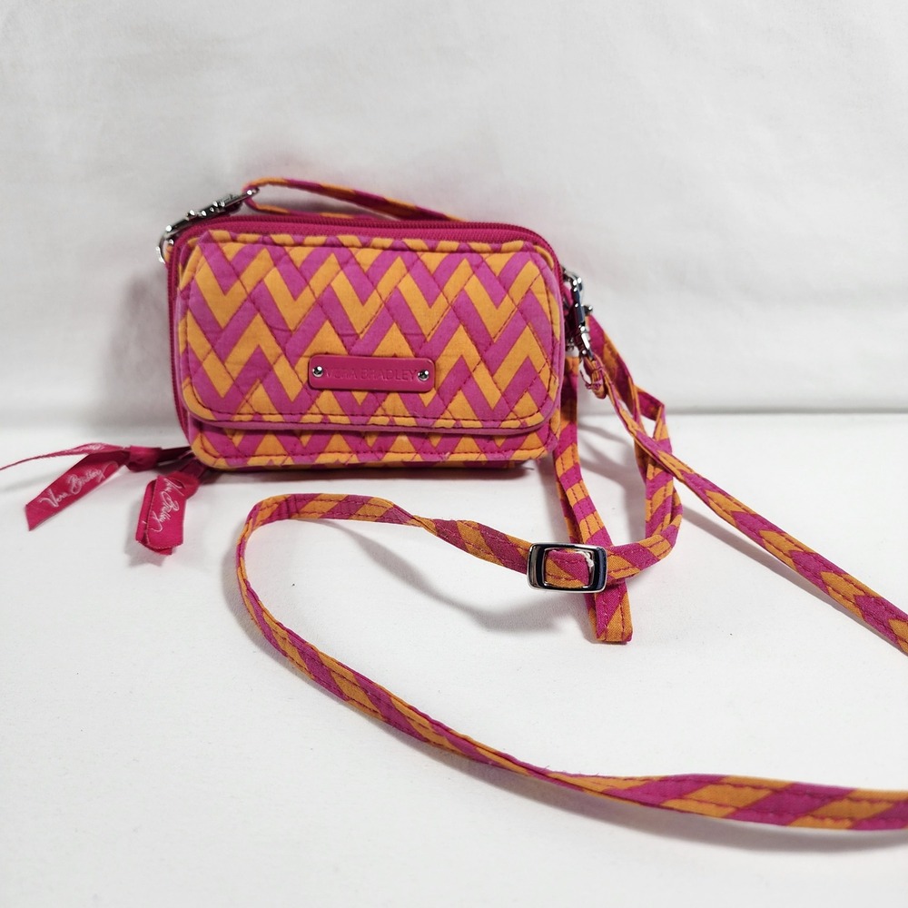 Vera Bradley All In One Crossbody Wallet Quilted Chevron Pink Orange Card Case